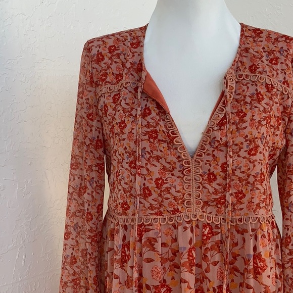 Sheer Fall Long Sleeve Maxi Dress Keyhole Ruffle Tiered Hem Prairie Cottagecore - Picture 9 of 10